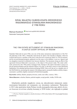 Dział Majątku Subdelegata Grodzkiego Radomskiego Stanisława Rakowskiego Z 1786 Roku = the 1786 Estate Settlement of Stanisła