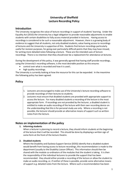 University of Sheffield Lecture Recording Policy Introduction