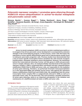 Polycomb Repressor Complex 1 Promotes Gene Silencing Through H2AK119 Mono-Ubiquitination in Acinar-To-Ductal Metaplasia and Pancreatic Cancer Cells