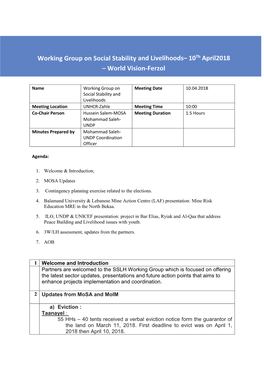 Working Group on Social Stability and Livelihoods– 10Th April2018 – World Vision-Ferzol