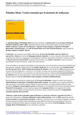 Paladino Music. Vertici Romantici Per Il Clarinetto Di Ashkenazy Pubblicato Su Gothicnetwork.Org (