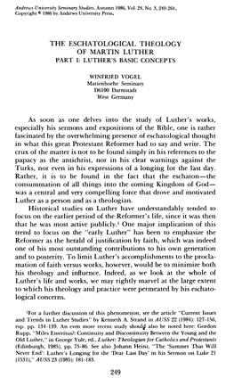 THE ESCHATOLOGICAL THEOLOGY of MARTIN LUTHER As Soon As