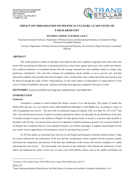 Impact of Urbanization on Political Culture a Case Study of Faisalabad City