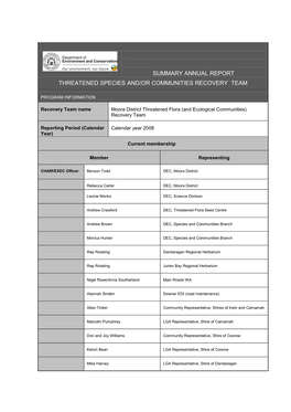 Summary Annual Report Threatened Species And/Or Communities Recovery Team