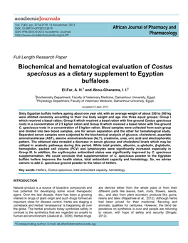 Biochemical and Hematological Evaluation of Costus Speciosus As a Dietary Supplement to Egyptian Buffaloes