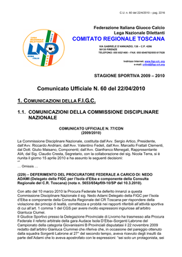 Comunicato Ufficiale N. 60 Del 22/04/2010 COMITATO REGIONALE TOSCANA