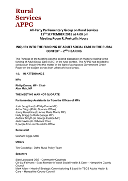 Rural Services APPG All-Party Parliamentary Group on Rural Services 11TH SEPTEMBER 2018 at 4.00 Pm Meeting Room R, Portcullis House