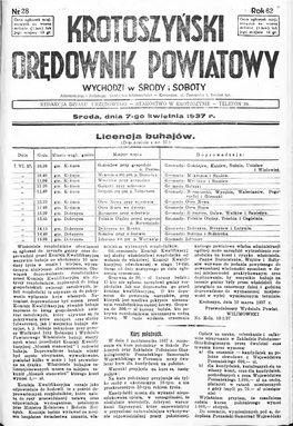 I DREDÓW POWIATOWY WYCHODZI W ŚRODY; SOBOTY Administracja I Redakcja: D Rukarnia Krotoszyńska — Krotoszyn, Ul