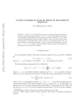 Arxiv:2010.10014V1 [Math.NT] 20 Oct 2020 As Suethat Assume Where Where Nqeydtrie.W Altesqec ( Sequence the Call We Determined