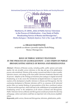 Case Study of Public Broadcasting Service of Bosnia and Herzegovina”, Media Dialogues / Medijski Dijalozi, Vol