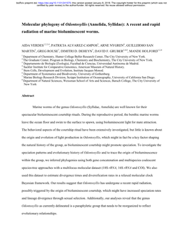 Molecular Phylogeny of Odontosyllis (Annelida, Syllidae): a Recent and Rapid Radiation of Marine Bioluminescent Worms