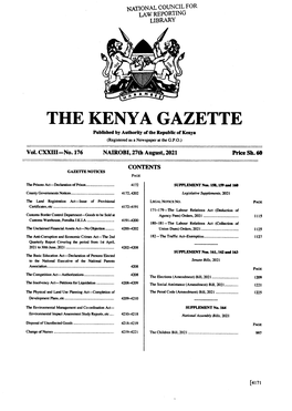 THE KENYA GAZETTE Published by Authority of the Republic of Kenya (Registered As a Newspaper at the G.P.O.) � Vol