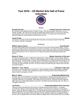 2010 – US Martial Arts Hall of Fame Inductees