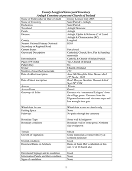 County Longford Graveyard Inventory Ardagh Cemetery at Present Church of Ireland