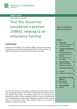 That This House Has Considered E-Petition 259892, Relating to Air Ambulance Funding 3