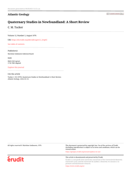 Quaternary Studies in Newfoundland: a Short Review C