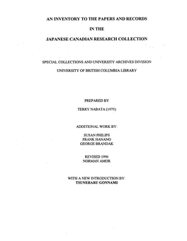 An Inventory to the Papers and Record S in the Japanese Canadian Research Collectio N