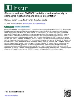 Characterization of HNRNPA1 Mutations Defines Diversity in Pathogenic Mechanisms and Clinical Presentation