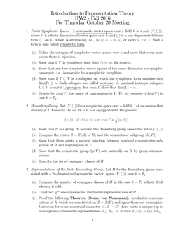 Introduction to Representation Theory HW2 - Fall 2016 for Thursday October 20 Meeting