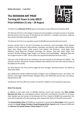 The MOSMAN ART PRIZE Turning 65 Years in July 2012! Prize Exhibition 21 July – 26 August