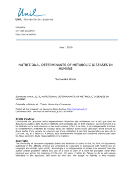 Nutritional Determinants of Metabolic Diseases in Humans