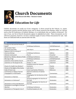 Church Documents Joliet Diocese Life Office – Resource Center