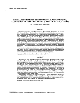 Los Palaeotheriidae (Perissodactyla, Mammalia) De~ Eoceno De La Cuenca Del Duero (Castilla Y Leon, Espana) M