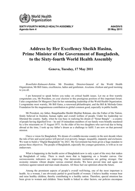 Address by Her Excellency Sheikh Hasina, Prime Minister of the Government of Bangladesh, to the Sixty-Fourth World Health Assembly
