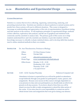 Biostatistics and Experimental Design Spring 2014