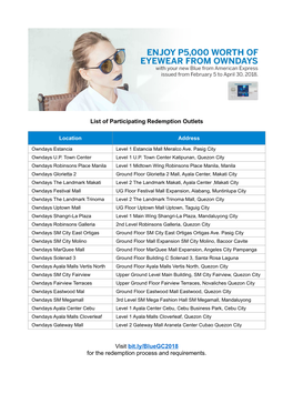 List of Participating Redemption Outlets Visit Bit.Ly/Bluegc2018 For