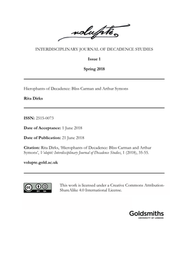 INTERDISCIPLINARY JOURNAL of DECADENCE STUDIES Issue 1 Spring 2018 Hierophants of Decadence: Bliss Carman and Arthur Symons Rita