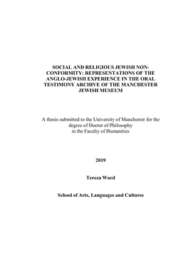 Social and Religious Jewish Non- Conformity: Representations of the Anglo-Jewish Experience in the Oral Testimony Archive of the Manchester Jewish Museum