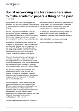 Social Networking Site for Researchers Aims to Make Academic Papers a Thing of the Past 16 July 2009