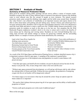 SECTION 7 Analysis of Needs Summary of Resource Protection Needs Ideas Given by Residents During Public Meetings and the Survey Reflect a Variety of Resource Needs