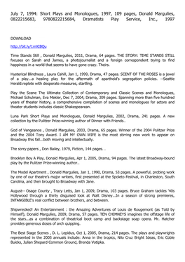 July 7, 1994: Short Plays and Monologues, 1997, 109 Pages, Donald Margulies, 0822215683, 9780822215684, Dramatists Play Service, Inc., 1997
