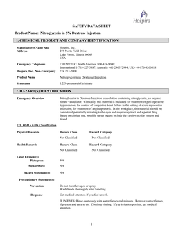 1 SAFETY DATA SHEET Product Name: Nitroglycerin in 5% Dextrose