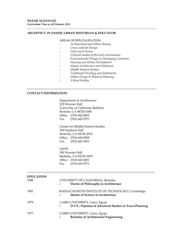 NEZAR ALSAYYAD Curriculum Vitae As of February 2014 ______ARCHITECT, PLANNER, URBAN HISTORIAN & EDUCATOR