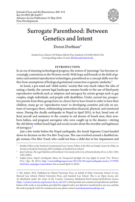 Surrogate Parenthood: Between Genetics and Intent Doron Dorfman∗