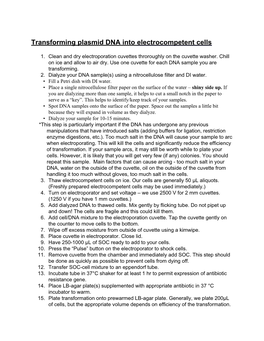 Transforming Plasmid DNA Into Electrocompetent Cells