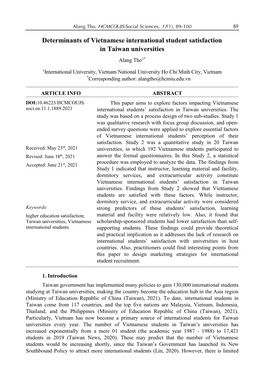 Determinants of Vietnamese International Student Satisfaction in Taiwan Universities Alang Tho1*