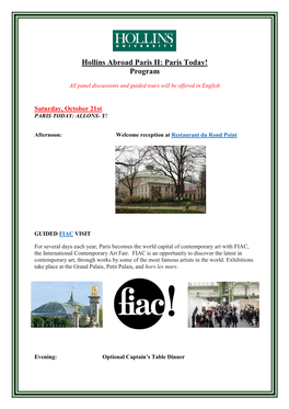 Hollins Abroad Paris II: Paris Today! Program