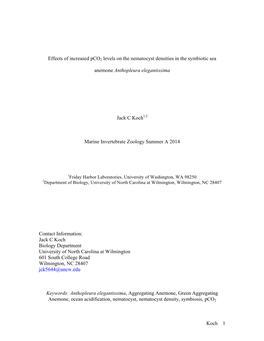 Koch 1 Effects of Increased Pco2 Levels on the Nematocyst Densities