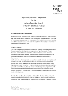 Organ Interpretation Competition for the Johann Pachelbel Award at the 69Th ION Music Festival 26 June - 02 July 2020