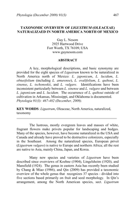 Taxonomic Overview of Ligustrum (Oleaceae) Naturalizaed in North America North of Mexico