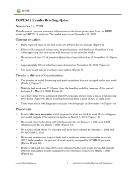 COVID-19 Results Briefing: Qatar November 19, 2020 This Document Contains Summary Information on the Latest Projections from the IHME Model on COVID-19 in Qatar