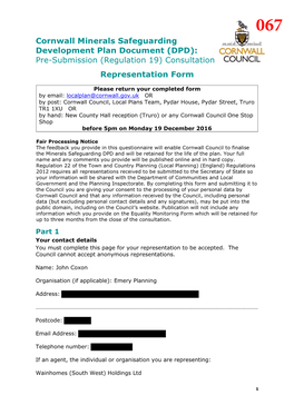 Cornwall Minerals Safeguarding Development Plan Document (DPD): Pre-Submission (Regulation 19) Consultation Representation Form