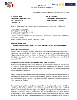 PROYECTO 100 Años, 100 Acciones Por México Ciudad De Cuernavaca, Morelos a 16 De Agosto De 2019 LIC. REINER JAHN LIC. ROGER S