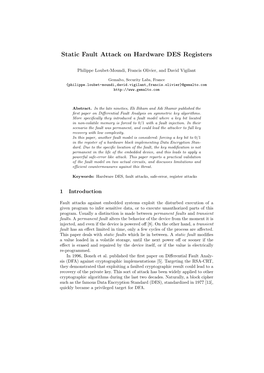 Static Fault Attack on Hardware DES Registers