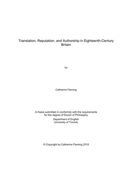 Translation, Reputation, and Authorship in Eighteenth-Century Britain