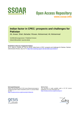 Indian Factor in CPEC: Prospects and Challenges for Pakistan Ali, Anwar; Shah, Bahadar; Rizwan, Muhammad; Ali, Muhammad